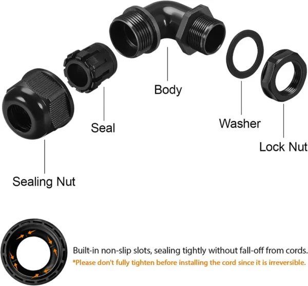 LeMotech Cable Gland, 90 Degree Adjustable 4-8mm Strain Relief, Cord Connectors Nylon Joints with Gaskets, 2 Pcs - Image 3