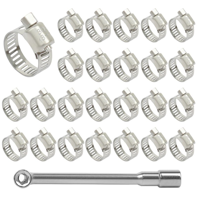 LeMotech Hose Clamp Stainless Steel Adjustable Range Worm Gear Hose Clamps with a Socket Wrench, for Plumbing Automotive Mechanical Application