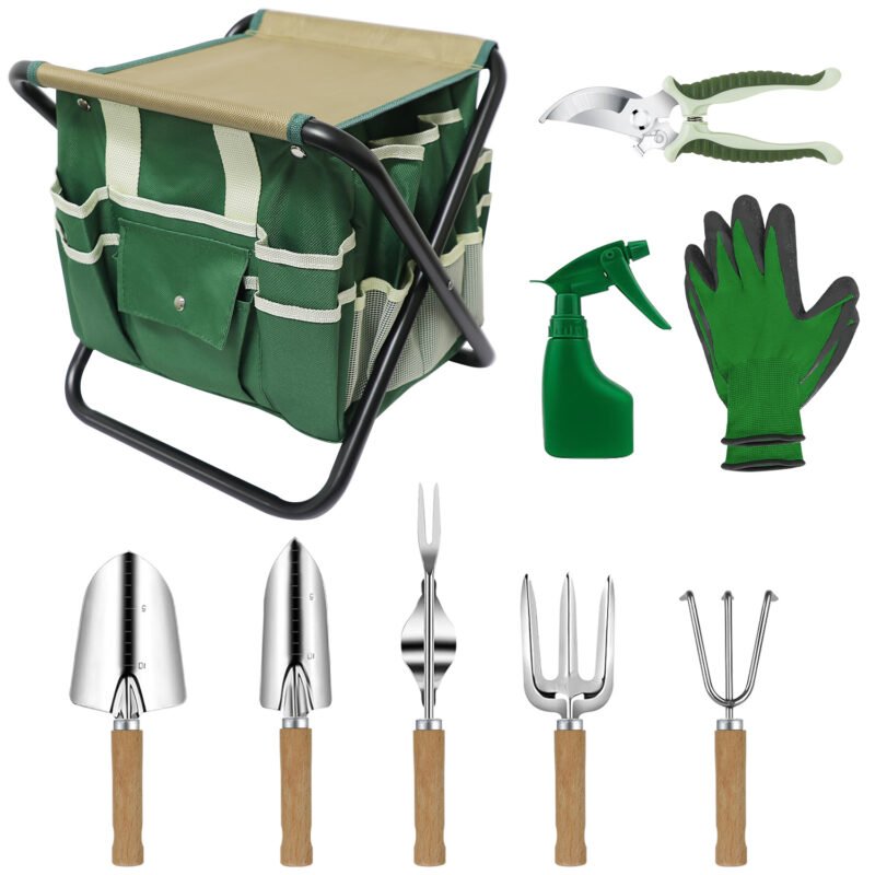 LeMotech Garden Tool Set,10 Pieces Heavy Duty Gardenting Tool Kit, Folding Stool with Detachable Tote Bag, Thicker Stainless Steel Tools (Trans-Planter,Trowel,Weeder etc.) for Women Men